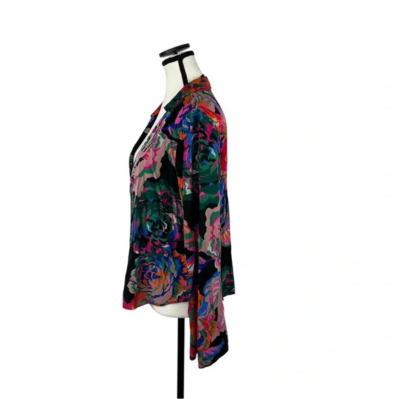 Zara Women’s L Bold Floral Print Long Sleeve Blouse 100% Viscose Artsy Boho Top - Picture 3 of 10